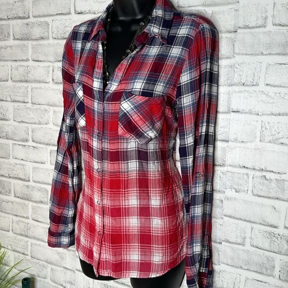 Skies Are Blue Stitch Fix Ombre Button Down Flannel Shirt Plaid Medium - Picture 3 of 5